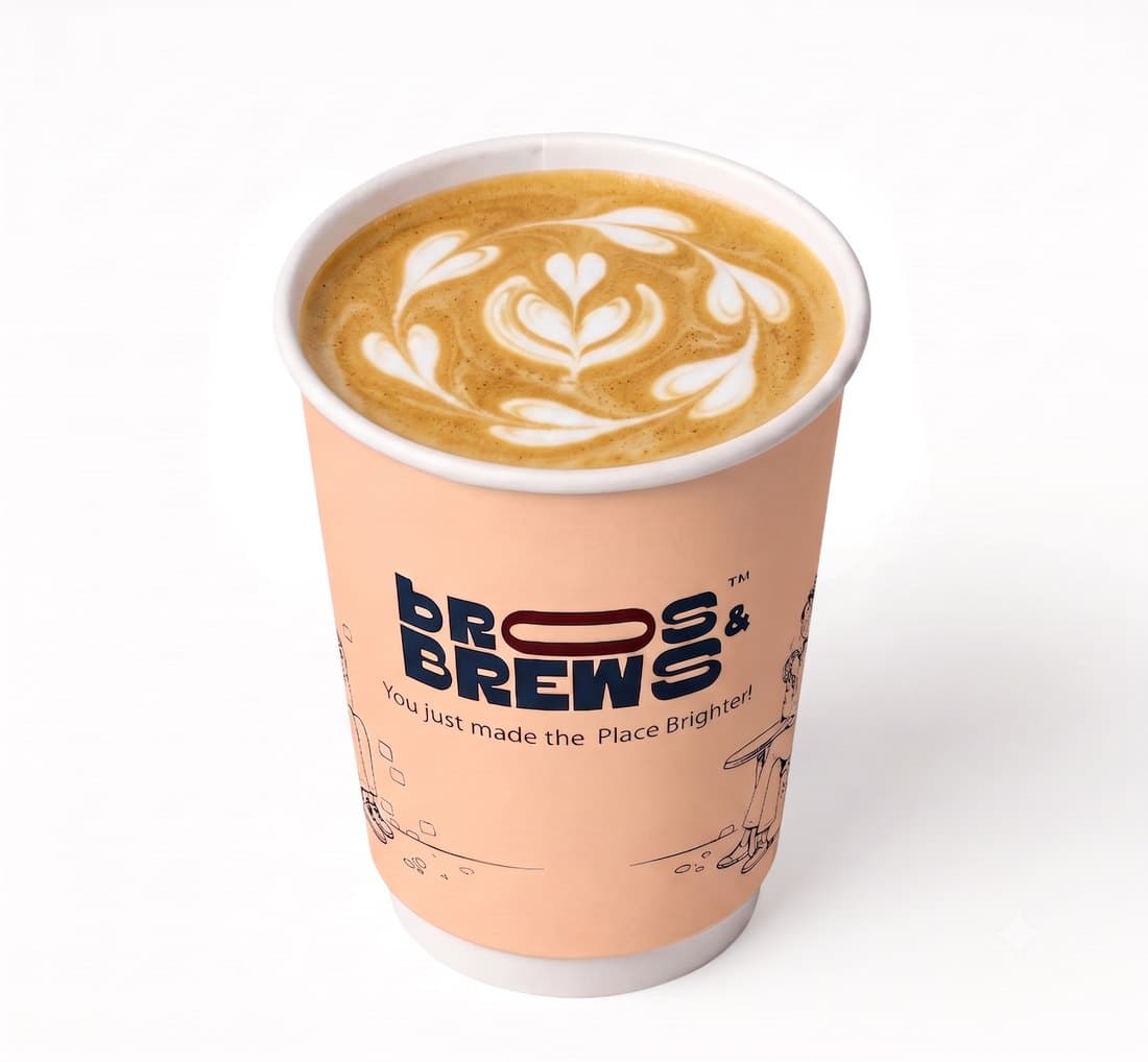 A latte served at Bros & Brews